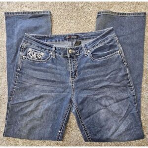 Love Indigo Women's Boot Cut Denim Jeans Distressed‎ Embellished Pockets Size 12